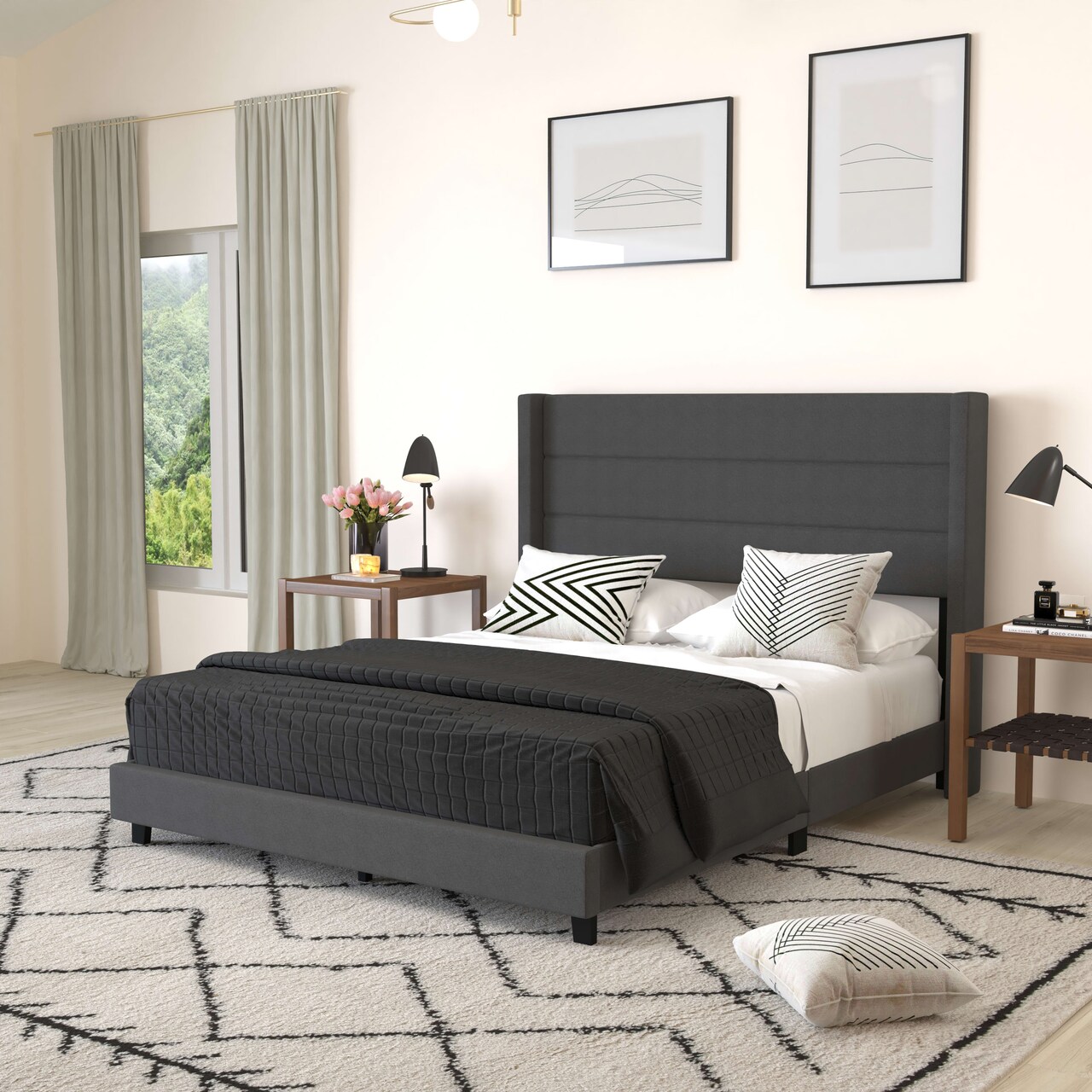 Merrick Lane Percy Modern Platform Bed with Padded Channel Stitched Upholstered Wingback Headboard and Underbed Clearance